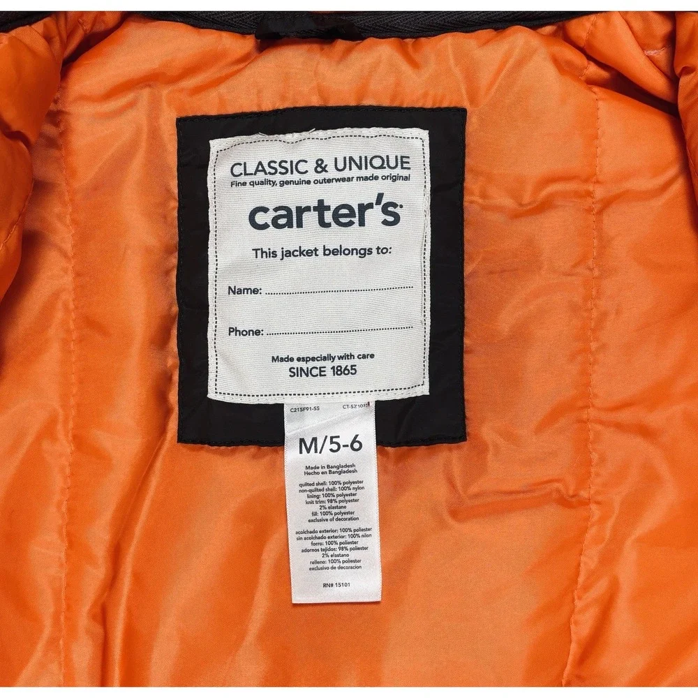 Carters Toddler Boys Camo Puffer Jacket Orange Lined Hooded Coat Green M 5/6 NWT